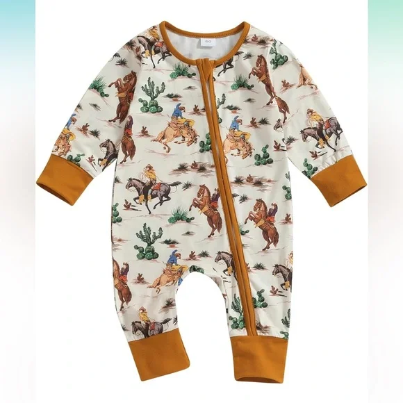 Western Cowboy Baby Zippered Jumpsuit One Piece - Picture 2 of 6